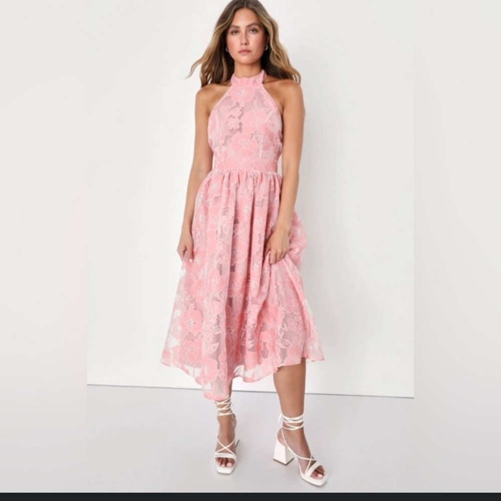 lulus Pink Floral Burnout Halter Midi Dress M